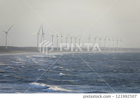 A view of the windmills along the Sea of Japan coast from the Shikanoura Observatory in Akita Prefecture 121992507