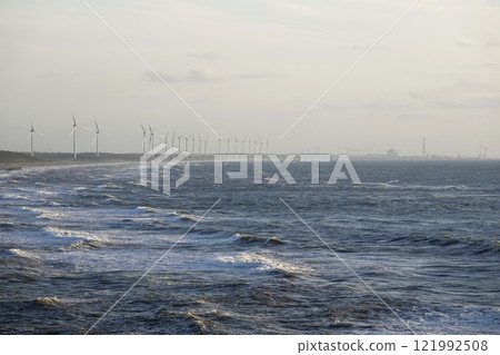 A view of the windmills along the Sea of Japan coast from the Shikanoura Observatory in Akita Prefecture 121992508
