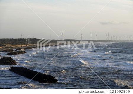A view of the windmills along the Sea of Japan coast from the Shikanoura Observatory in Akita Prefecture 121992509
