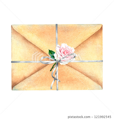 Closed kraft envelope tied with ribbon bow and rose flower. Hand drawn watercolor illustration of old postage message on isolated background. Retro correspondence. Love letter for Valentine's day. 121992545