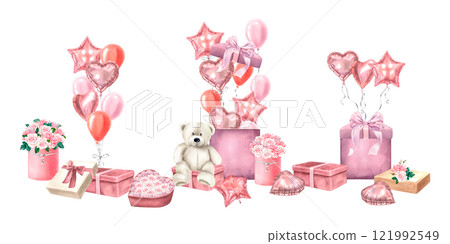 Heart, star shaped balloons fly out of gift box teddy bear with roses bouquet sits next to it. Cute watercolor illustration of present on isolated background. Valentine's day design. Romantic drawing. Heart, star shaped balloons fly out of gift box teddy bear with roses bouquet sits next to it. Cute watercolor illustration of present on isolated background. Valentine's day design. Romantic drawing. 121992549