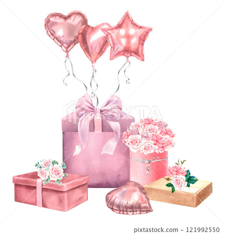 Valentine's Day festive balloons tied to big gift box, various presents and rose flowers. Hand drawn watercolor illustration on isolated background. Romantic drawing for cards or invitations. 121992550