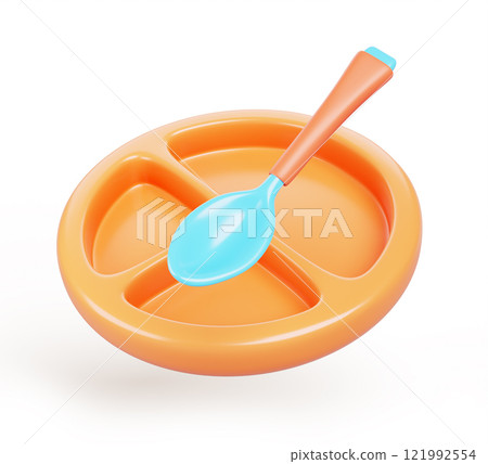 Children section plate with spoon for serving baby food 3d render icon. Realistic mockup of empty plastic dish, color round silicone bowl for feeding toddler, isolated design elements. 3D illustration Children section plate with spoon for serving baby food 3d render icon. Realistic mockup of empty plastic dish, color round silicone bowl for feeding toddler, isolated design elements. 3D illustration 121992554