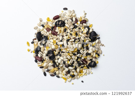 Aerial view of 16-grain rice served on a white background 121992637