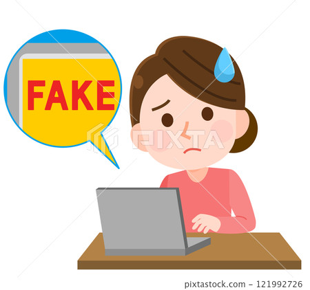 插圖:一名困惑的婦女在電腦上查看虛假圖像和視頻 插圖:一名困惑的婦女在電腦上查看虛假圖像和視頻 121992726