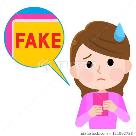 A young woman is confused by fake images and videos on her smartphone. Illustration A young woman is confused by fake images and videos on her smartphone. Illustration 121992728