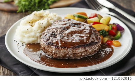 Hamburger steak plate with rich demi-glace sauce (AI-generated image) Hamburger steak plate with rich demi-glace sauce (AI-generated image) 121992915
