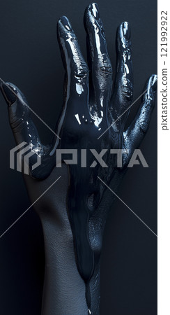 AI-generated image of a hand covered in black liquid 121992922