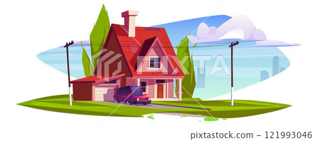 Cartoon suburban house with garage and parked car 121993046