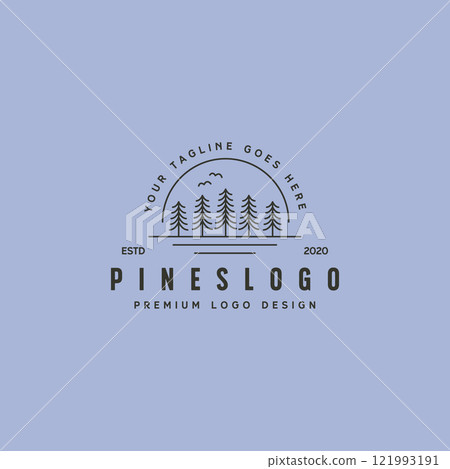 landscape pine tree line art  with sun symbol illustration design, pines minimal logo design 121993191
