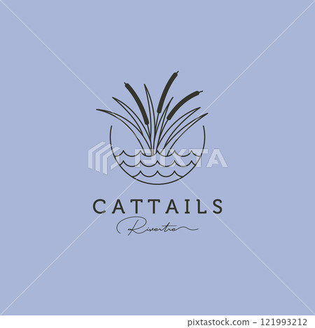 cattail and river logo vector symbol illustration design, river tree minimal logo design, line art style 121993212