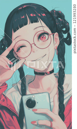 一名女子單手拿著智慧型手機眨眼的插圖 一名女子單手拿著智慧型手機眨眼的插圖 121993280