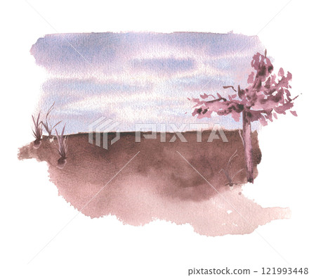 Watercolor landscape with brown pink tones delicate tree and grass isolated on white. Scenic horizon and cloudy sky hand painted by texture and soft brush strokes. Autumn or evening scenery sketch. Watercolor landscape with brown pink tones delicate tree and grass isolated on white. Scenic horizon and cloudy sky hand painted by texture and soft brush strokes. Autumn or evening scenery sketch. 121993448