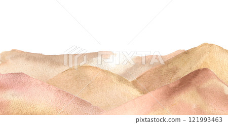 Watercolor illustration of sandy desert landscape with gentle dunes isolated on white. Sahara desert hand drawn. Scenery of Golden sand and hills sepia colors on horizon banner for design travel. Watercolor illustration of sandy desert landscape with gentle dunes isolated on white. Sahara desert hand drawn. Scenery of Golden sand and hills sepia colors on horizon banner for design travel. 121993463
