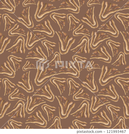 Animal print with organic shapes in coffee brown and caramel isolated on dark. Africa motifs seamless pattern hand drawn. Wild nature, exotic textures of watercolor brushstroke on repeat background. 121993467