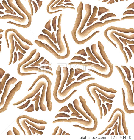 Animal zebra print on repeat texture. Abstract watercolor seamless pattern with flowing shapes in coffee brown, caramel tones. Wild Africa print isolated on white. Hand painted tribal motifs. 121993468