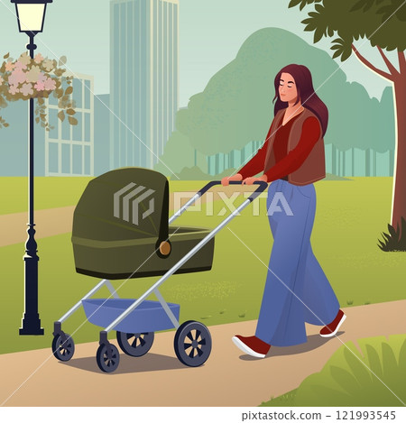 A vector illustration of a young mother walking through a serene park with a stroller. The woman is dressed in casual attire, enjoying a peaceful stroll surrounded by greenery, trees, and subtle urban 121993545