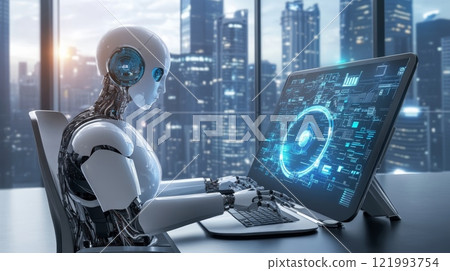 Humanoid robot working on laptop with holographic interface in modern office at night 121993754