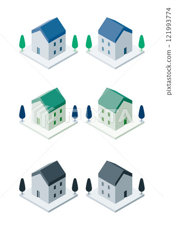 Illustration of a single-family home building seen from above 121993774