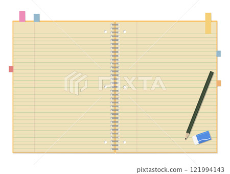 A simple lined notebook and sticky notes, a pencil and eraser set, a ring notebook, and a double-page spread 121994143