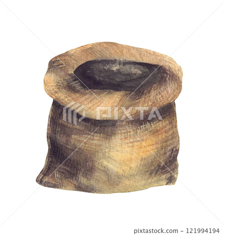 Canvas sack or Jute bag Empty burlap textured brown sack for harvesting vegetables, grains or for food, flour storage. Watercolor hand drawn realistic illustration isolated from background for sticker Canvas sack or Jute bag Empty burlap textured brown sack for harvesting vegetables, grains or for food, flour storage. Watercolor hand drawn realistic illustration isolated from background for sticker 121994194