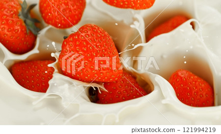 Pouring Strawberries Into Cream, Splashing, Top View Composition. 121994219