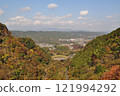 在晴朗的日子裡，從山頂可以看到秋葉和城市景觀 121994292