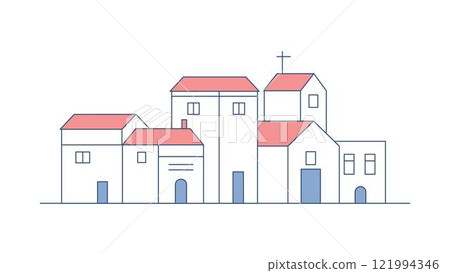 Church Building Architecture Landscape in City Town with Line Outline Design Style 121994346