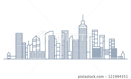 Cityscape Skyscrapers Building Landscape in City Town with Line Outline Design Style 121994351