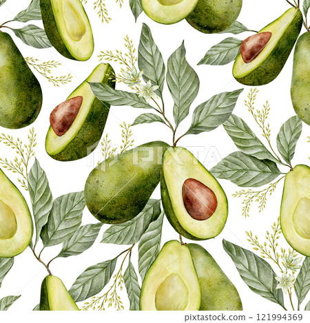 Watercolor avocado with flowers seamless pattern on white background. Green vegetable illustration. Hand drawn botanical plant drawing background for pack, textile, fabric and food packaging design 121994369