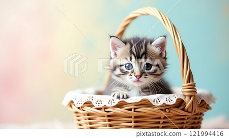 Adorable Kitten in a Wicker Basket with Pastel Background 121994416