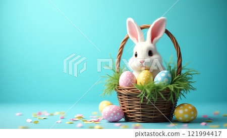 Adorable Easter Bunny in a Basket with Blue Background 121994417