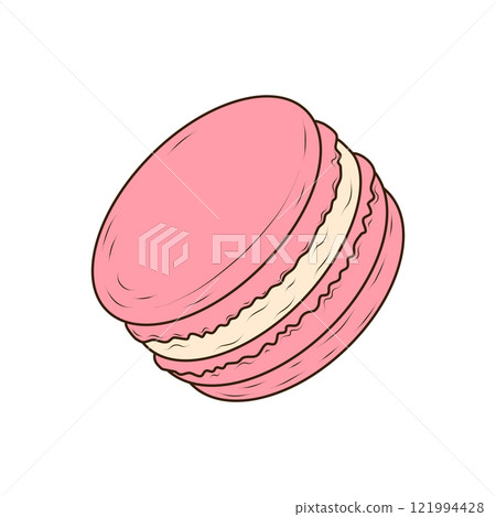 Sweet, crispy pink macaroon with buttercream. French pastry on white background. Vector illustration in flat, cartoon style for cafe, bakery, bistro, restaurant. 121994428