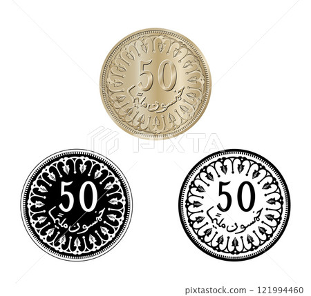 Tunisia 50 millim vector coin on white isolated background. Reverse of Tunisia fifty millim coin. The coin is depicted in black and white. Vector illustration. 121994460
