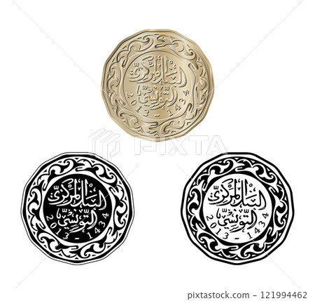 Tunisia 200 millim vector coin on white isolated background. Obverse of Tunisia two hundred millim coin. The coin is depicted in black and white. Vector illustration. 121994462