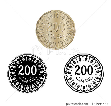 Tunisia 200 millim vector coin on white isolated background. Reverse of Tunisia two hundred millim coin. The coin is depicted in black and white. Vector illustration. 121994465