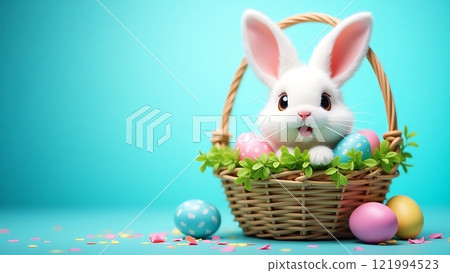 Adorable Easter Bunny in a Basket with Blue Background 121994523