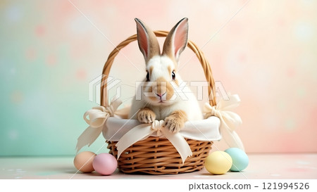 Cute Bunny in a Wicker Basket with Easter Eggs with Pastel Background 121994526