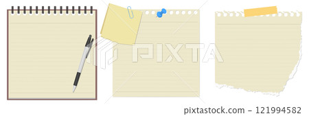 A set of simple notepad, note paper, torn note paper, and ballpoint pen 121994582