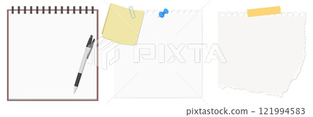 一套簡單的記事本、便條紙、撕破的便條紙和原子筆 一套簡單的記事本、便條紙、撕破的便條紙和原子筆 121994583