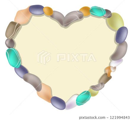 Piece of sea sand shore framed by border of colored pebbles in shape of heart. Decorative element for designing advertising tourism banners. Vector isolated on white background Piece of sea sand shore framed by border of colored pebbles in shape of heart. Decorative element for designing advertising tourism banners. Vector isolated on white background 121994843