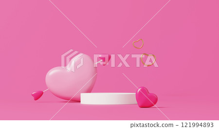 3D render, Minimal display podium, cute pink heart balloon with cupid arrow and gold heart rings on pink background. 3D render, Minimal display podium, cute pink heart balloon with cupid arrow and gold heart rings on pink background. 121994893