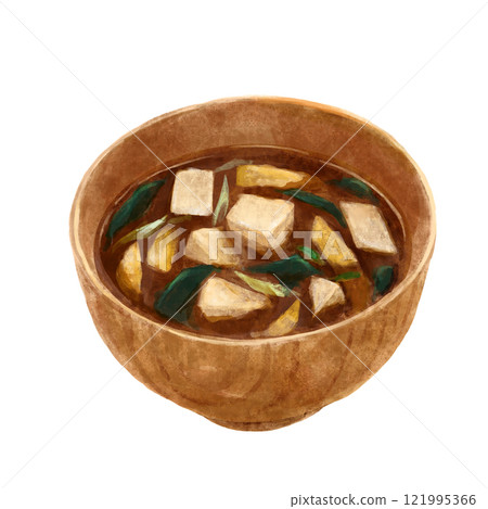 Red miso soup in a wooden bowl (tofu, wakame seaweed, green onion, and fried tofu) 121995366