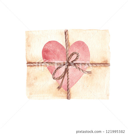 Old Vintage Love Letters with pink Heart tied with Cord or Twine. Hand drawn Watercolor illustration isolated on a white background. For cards, flyers, invitations and scrapbooking. 121995382