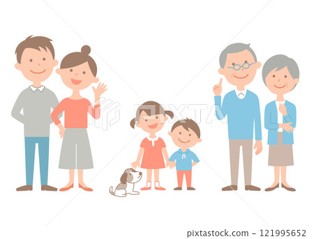 A full-body illustration of a family of six across three generations and their pets. The simple and cute colors are cute. 121995652