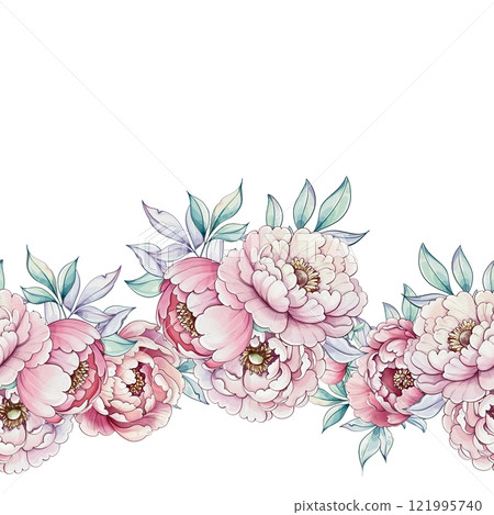 A beautiful arrangement of soft pink peonies with gentle green leaves showcases a delicate watercolor style, perfect for inspiring creativity seamless pattern, ornament 121995740
