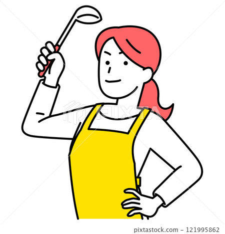 一個穿著圍裙的女人拿著湯匙 121995862
