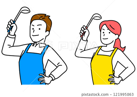 Set of men and women wearing aprons holding ladles 121995863