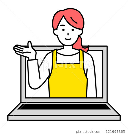 A woman in an apron providing online support 121995865