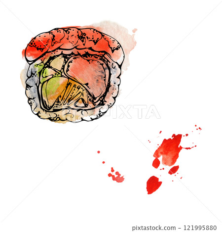 Traditional Japanese food, sushi rolls raw fish tempura shrimp, salmon tuna avocado, stains drops, philadelphia alaska hand drawn in watercolor and ink. Elements for restaurant, cafe menu, recipe book 121995880